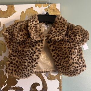 Tahari Girl Size 7 kids Leopard Print Faux Fur Short Sleeve Jacket NEW WITH TAGS